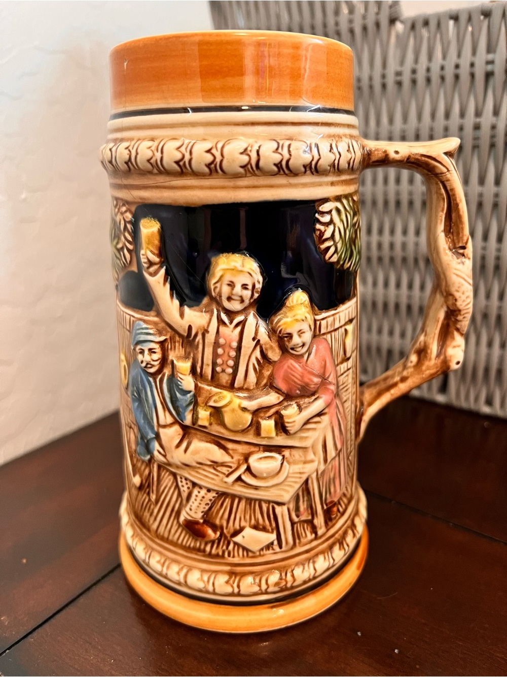 Vintage Japanese Ceramic Beer Stein with embossed Tavern Scene